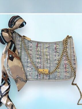 Kate Spade Kiki Blue Multi Tweed Crossbody With Gold Chain MSRP $328 Like New